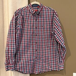 Izod Men's Red & Blue Plaid Long Sleeve Button Down, Size Medium